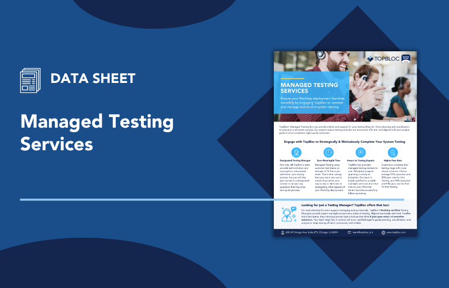 Managed Testing Services data sheet with flyer describing benefits of end-to-end Workday testing support, with photos of people collaborating and icons representing testing, time savings, expertise, and higher pass rates.